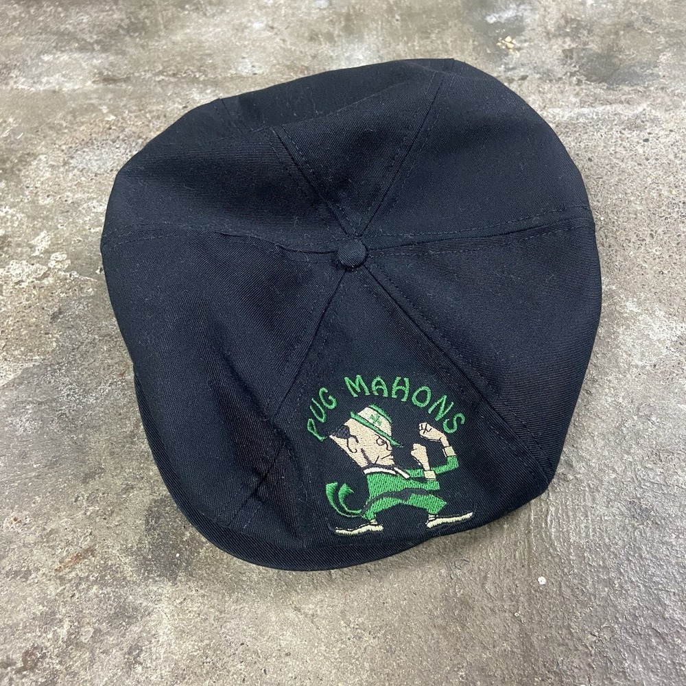 Vintage 80s Pug Mahons Irish Pub Flat Cap Strap Back Adjustable Black Front Snap